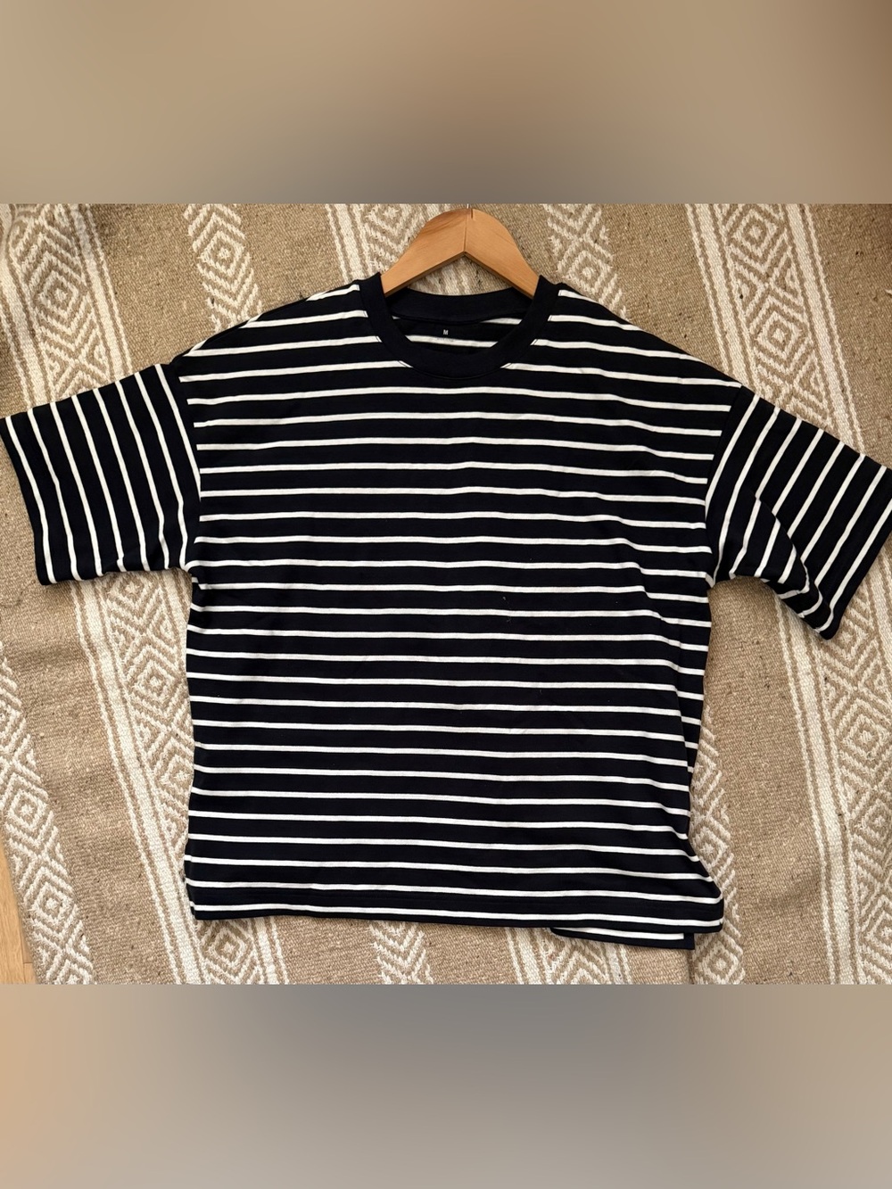 Muji Organic Cotton Navy White Striped Nautical Boxy Tee M NWT